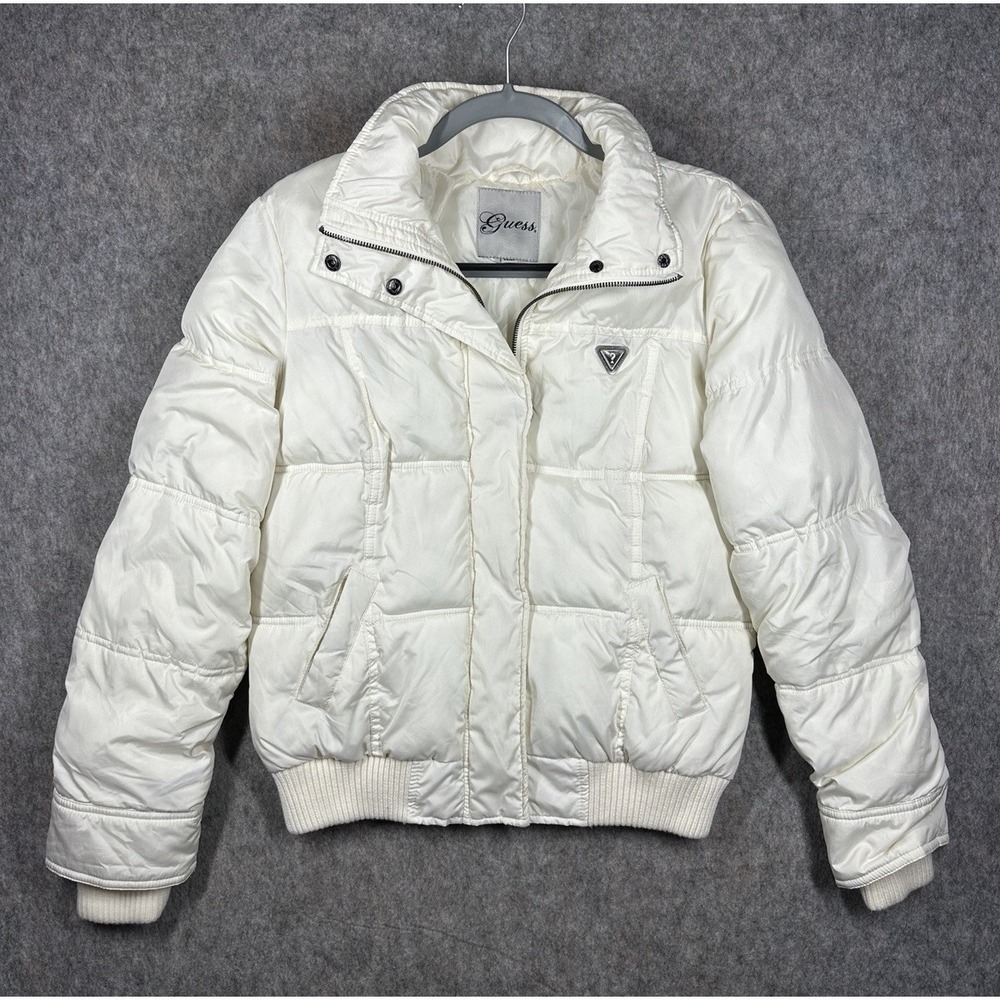 Guess‎ Womens Medium Cream Puffer Jacket Bomber Quilted Logo Zip Coat